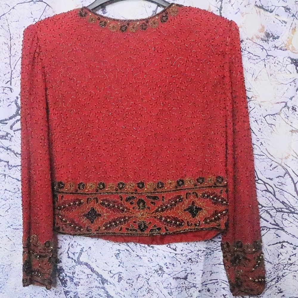 RED BEADED JACKET L Lawrence Kazar Vintage 80s 90s Formal 100% Silk Fall Winter - Picture 3 of 8